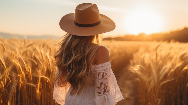 Bella joven en el campo de trigo al atardecer Vista trasera