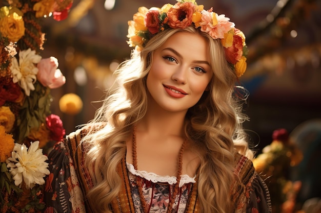 Bella joven eslava en traje tradicional y una corona de flores