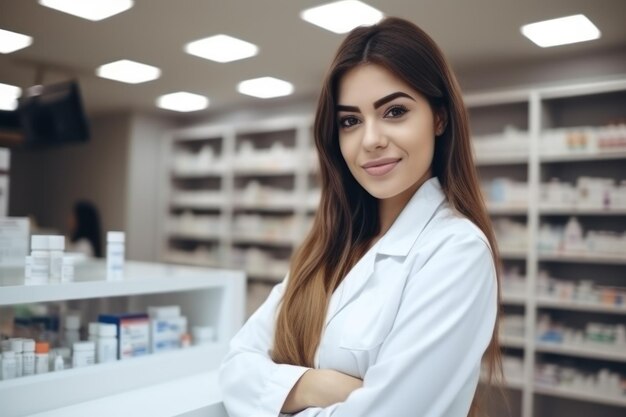 Bella joven farmacéutica en abrigo blanco de pie en la farmacia