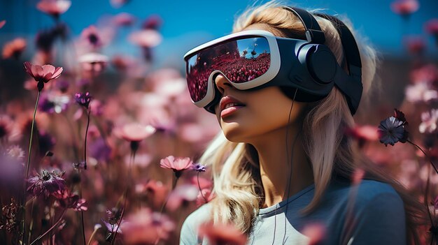Bella joven con gafas de realidad virtual en el campo de flores rosadas