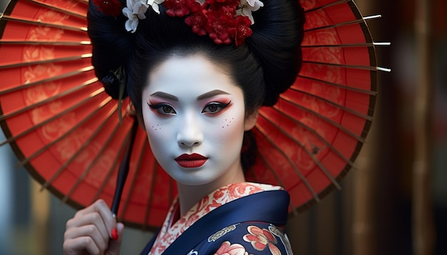 Foto bella joven geisha mirando a la cámara mostrando la elegancia japonesa generada por la ia