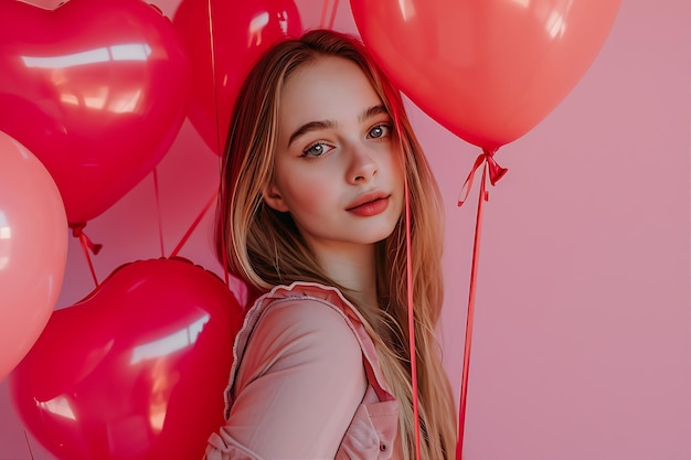 Bella joven con globos de corazón en rosa