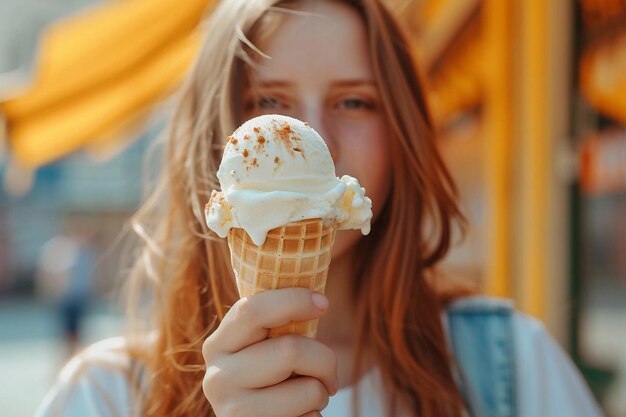 Bella joven con helado en un cono de waffle