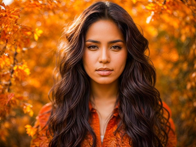 Bella joven hispana con hojas de otoño