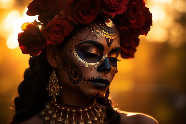 Bella joven con maquillaje de calavera de azúcar