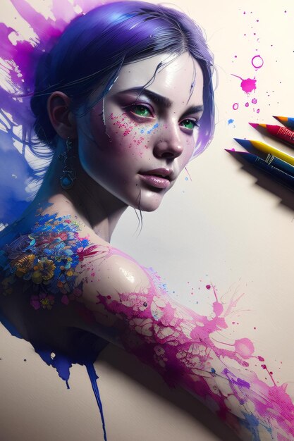 Bella joven con maquillaje creativo y salpicaduras de pintura de colores