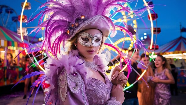 Bella joven con máscara de carnaval y disfraz de mascarada en luces de colores