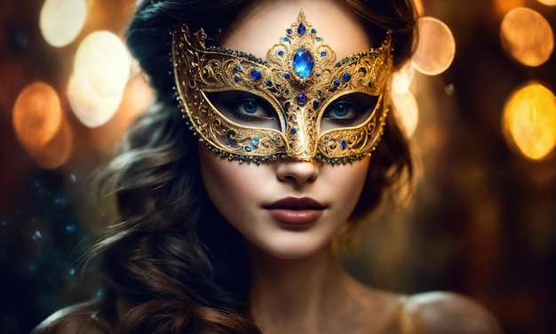 Bella joven con una máscara veneciana en la mascarada ai generative