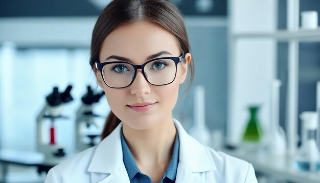 Bella joven médica enfermera trabajadora del hospital laboratorio científico abrigo blanco y gafas