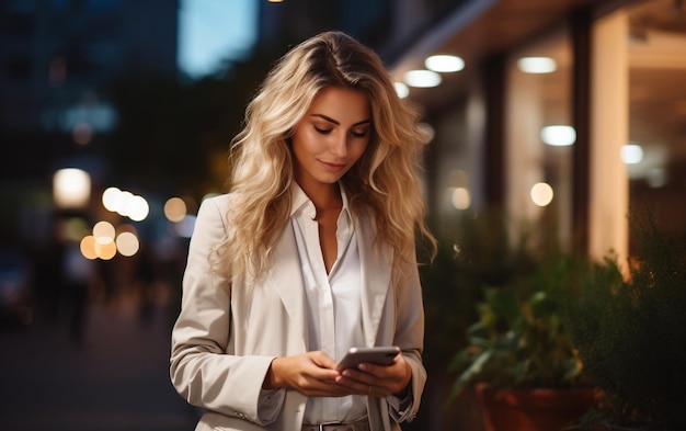 Bella joven mujer de negocios mirando su teléfono IA generativa