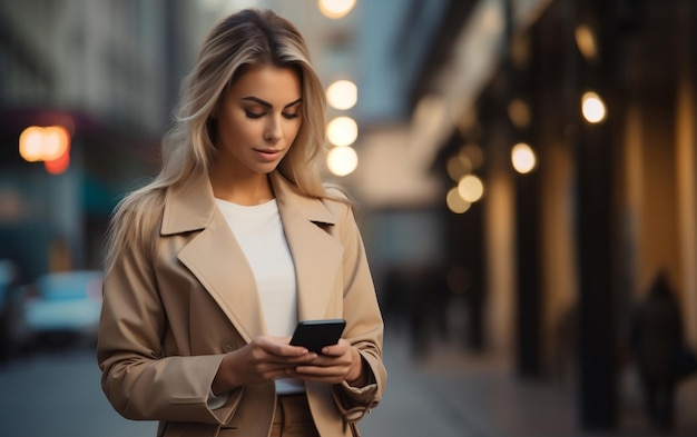 Bella joven mujer de negocios mirando su teléfono IA generativa