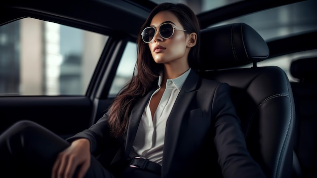 Foto bella joven mujer de negocios sentada en el asiento trasero del concepto de negocio del coche
