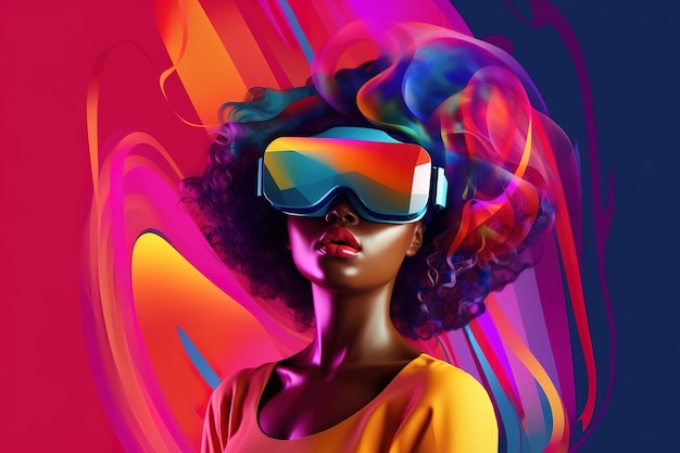 Bella joven negra con peinado afro con gafas VR disfrutando del ciberespacio Nuevas tecnologías de realidad virtual Ilustración colorida de IA generativa