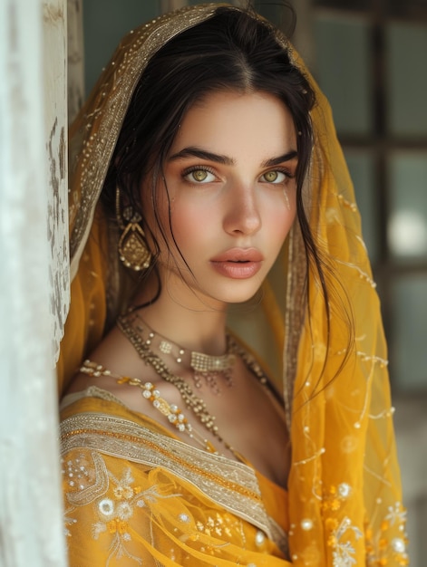 Bella joven novia india en vestido tradicional y joyas dama reina hindi hindú