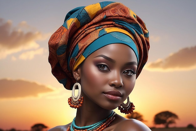 Bella joven con un pañuelo tradicional africano en la cabeza al atardecer