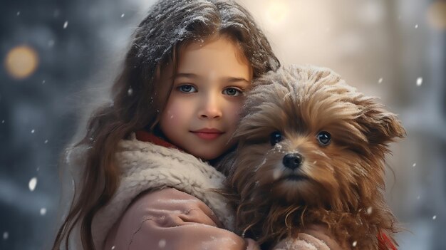 Bella joven con un perro en el bosque de invierno Una joven sostiene un perro peludo en la nieve