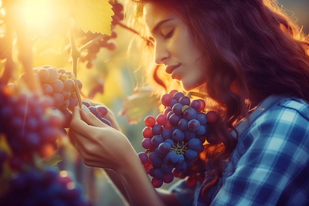 Bella joven con un racimo de uvas en el viñedo al atardecer
