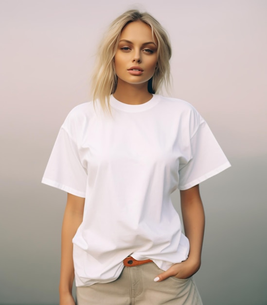 Bella joven rubia en la playa con una camiseta blanca en blanco maqueta para camiseta de gran tamaño