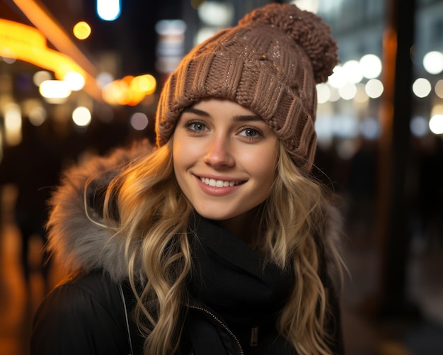 una bella joven con un sombrero de invierno sonríe a la cámara