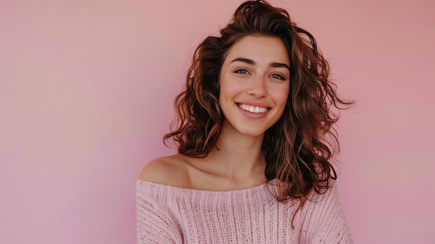 Bella joven con una sonrisa dentada tiene el cabello marrón ondulado y maquillaje ligero lleva un suéter rosa