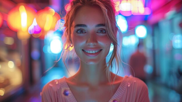 Bella joven con un teléfono inteligente en una calle nocturna llena de luces de neón Retrato de una hermosa mujer sonriente con un teléfono móvil