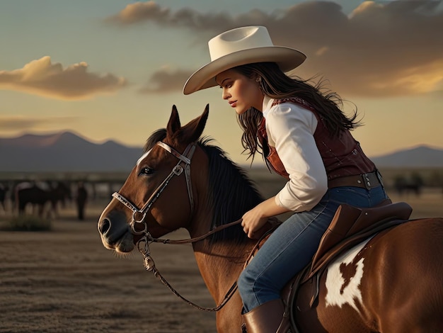 Bella joven vaquera con sombrero de vaquero montando un caballo al atardecer