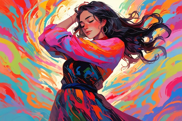 Bella joven con un vestido colorido en estilo anime Ilustración en color vectorial