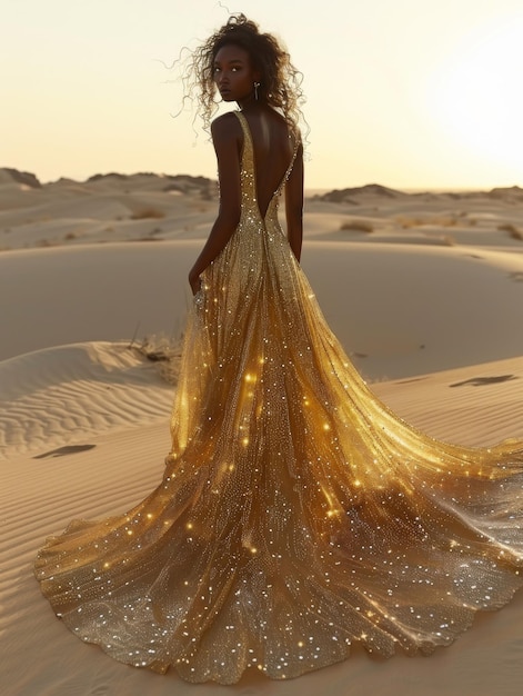 Bella joven con un vestido dorado posando en el desierto dunas y dunas de arena de la Península Arábiga belleza natural del desierto y mujer valiente conquistando la arena