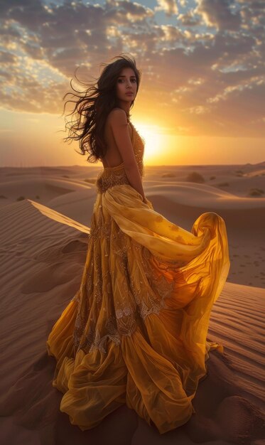 Bella joven con un vestido dorado posando en el desierto dunas y dunas de arena de la Península Arábiga belleza natural del desierto y mujer valiente conquistando la arena