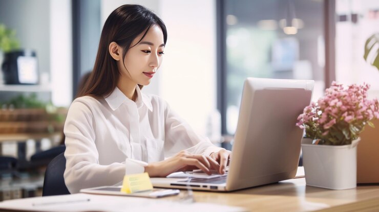 Bella y linda trabajadora de oficina japonesa regla de los tercios vista delantera escritorio moderno trabajo suave y limpio tonos neutros corporativos suave luz LED espacio de trabajo de oficina profesional y eficiente sonriente