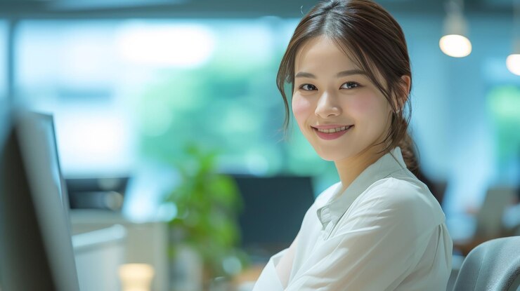 Bella y linda trabajadora de oficina japonesa regla de los tercios vista delantera escritorio moderno trabajo suave y limpio tonos neutros corporativos suave luz LED espacio de trabajo de oficina profesional y eficiente sonriente
