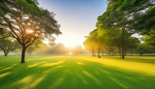 Bella luz matinal en el parque público con campo de hierba verde