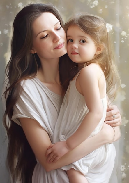 Bella madre joven con cabello largo y marrón en vestido blanco de verano jugando con un bebé g IA generativa