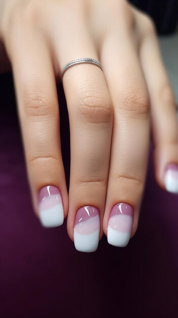 Bella manicura brillante con un diseño de tres colores color blanco beige y púrpura claro en el nai
