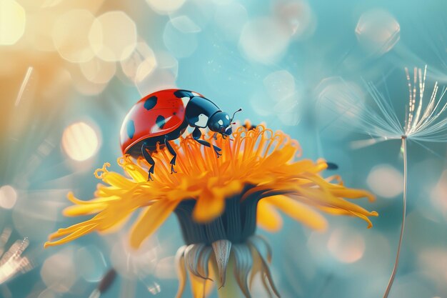 Bella mariposa en una flor de diente de león con fondo azul