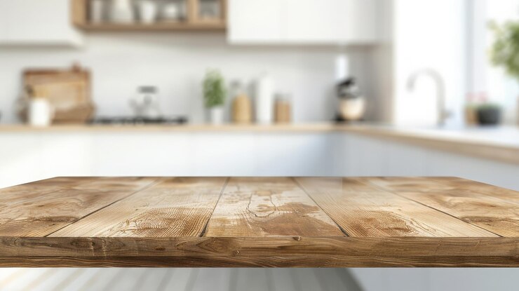 Bella mesa de madera vacía y borrón bokeh interior de la cocina moderna fondo generativo ai