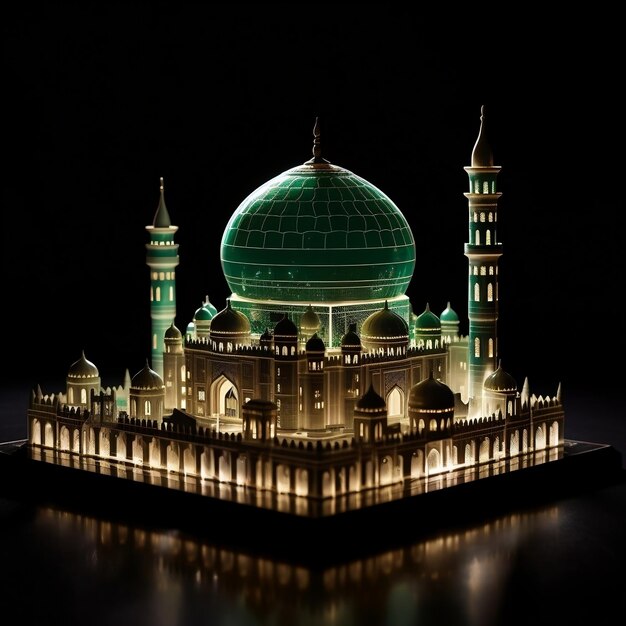 Bella mezquita con una cúpula verde aislada sobre un fondo negro