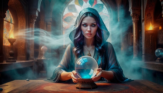 Una bella y misteriosa adivina de ojos penetrantes predice el destino en una bola mágica