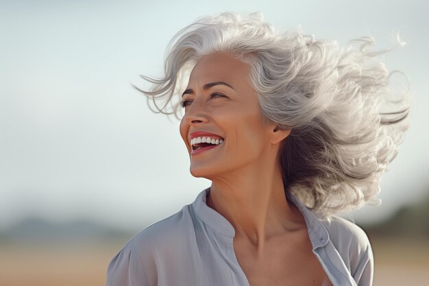 Bella modelo 5055 mujer de edad con cabello gris riendo y sonriendo