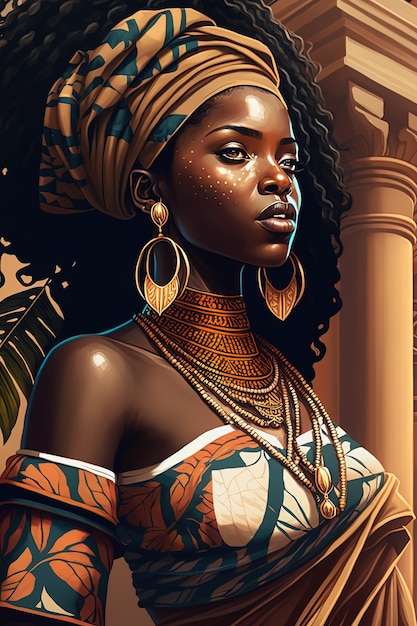 Una bella modelo africana con atuendo africano tradicional contra el telón de fondo de un hito africano Generado por IA