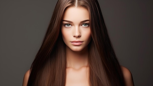 Bella modelo con cabello castaño brillante y saludable y piel suave y brillante para productos de cuidado
