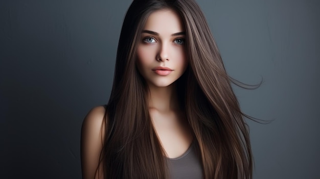 Bella modelo con cabello marrón brillante y piel lisa para publicidad de productos para el cuidado de la belleza y el cabello