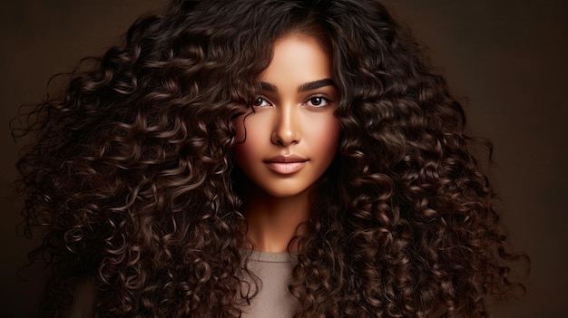 Bella modelo con cabello rizado brillante y saludable y piel bronceada brillante para productos para el cabello y el cuidado de la piel