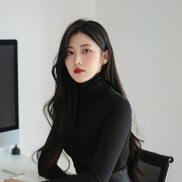 Foto bella modelo coreana sentada en la oficina generada por la ia