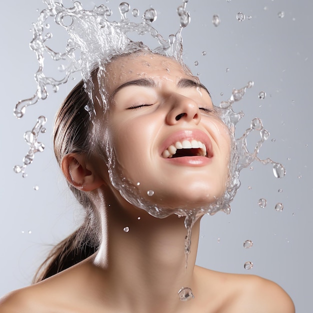 Foto bella modelo femenina lavando la cara con un salto de agua