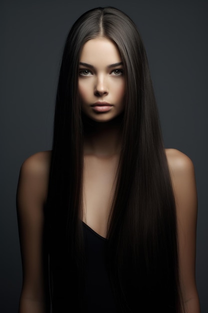Bella modelo glamurosa de cabello largo y recto con un peinado impresionante para conceptos de belleza y moda