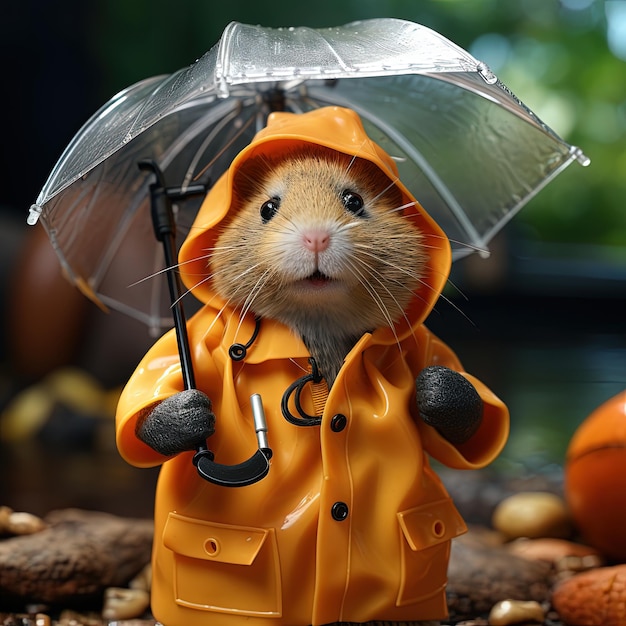 Foto bella modelo de hámster lindo vestido con un impermeable y sosteniendo un paraguas