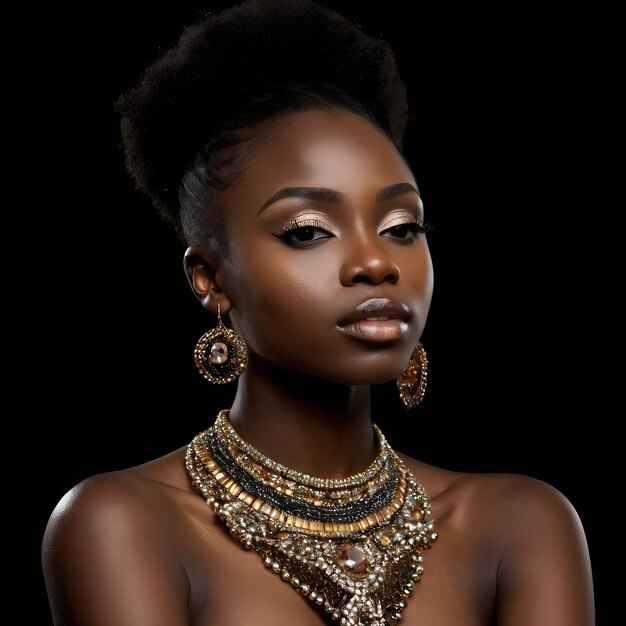 Foto bella modelo de moda africana mujer joven sobre un fondo negro