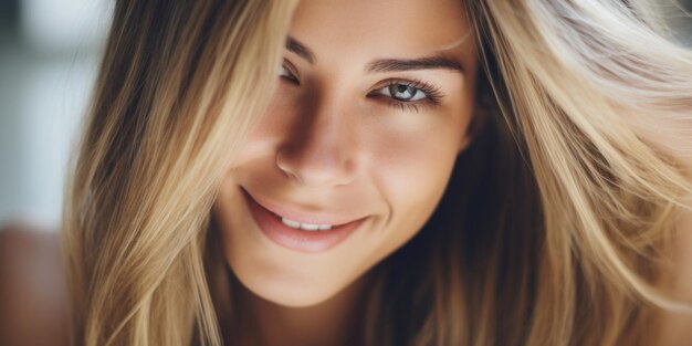 Bella modelo riendo con el cabello largo y rizado fotografía de estudio salón de belleza enfoque selectivo IA generativa