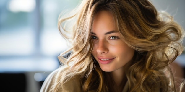 Bella modelo riendo con el cabello largo y rizado fotografía de estudio salón de belleza enfoque selectivo IA generativa